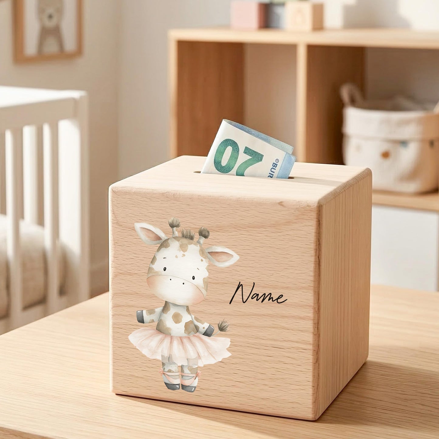 Spardose für Mädchen personalisierte Sparbox aus Holz mit Giraffe Geldgeschenk für Kinder