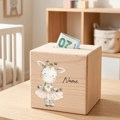 Spardose für Mädchen personalisierte Sparbox aus Holz mit Giraffe Geldgeschenk für Kinder