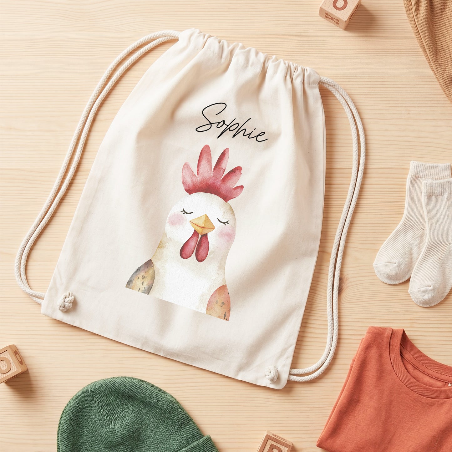 Hahn Turnbeutel Kinder personalisierter Sportbeutel für Kindergarten & Kita Stoffbeutel mit Kordelzug