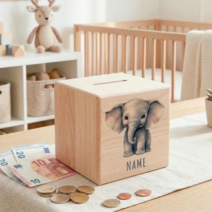 Elefant Spardose für Kinder personalisiert Sparbox aus Holz Sparschwein mit Schlüssel Taufgeschenk für Jungen und Mädchen