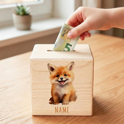 Fuchs Spardose für Kinder personalisiert Sparbox aus Holz Sparschwein mit Schlüssel Taufgeschenk für Jungen und Mädchen
