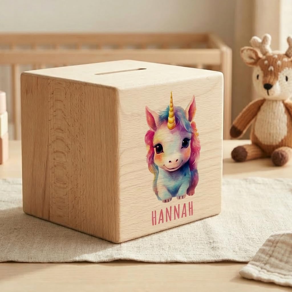 Tier Spardose für Kinder personalisiert Sparbox aus Holz Sparschwein mit Schlüssel Taufgeschenk für Jungen und Mädchen (Einhorn)