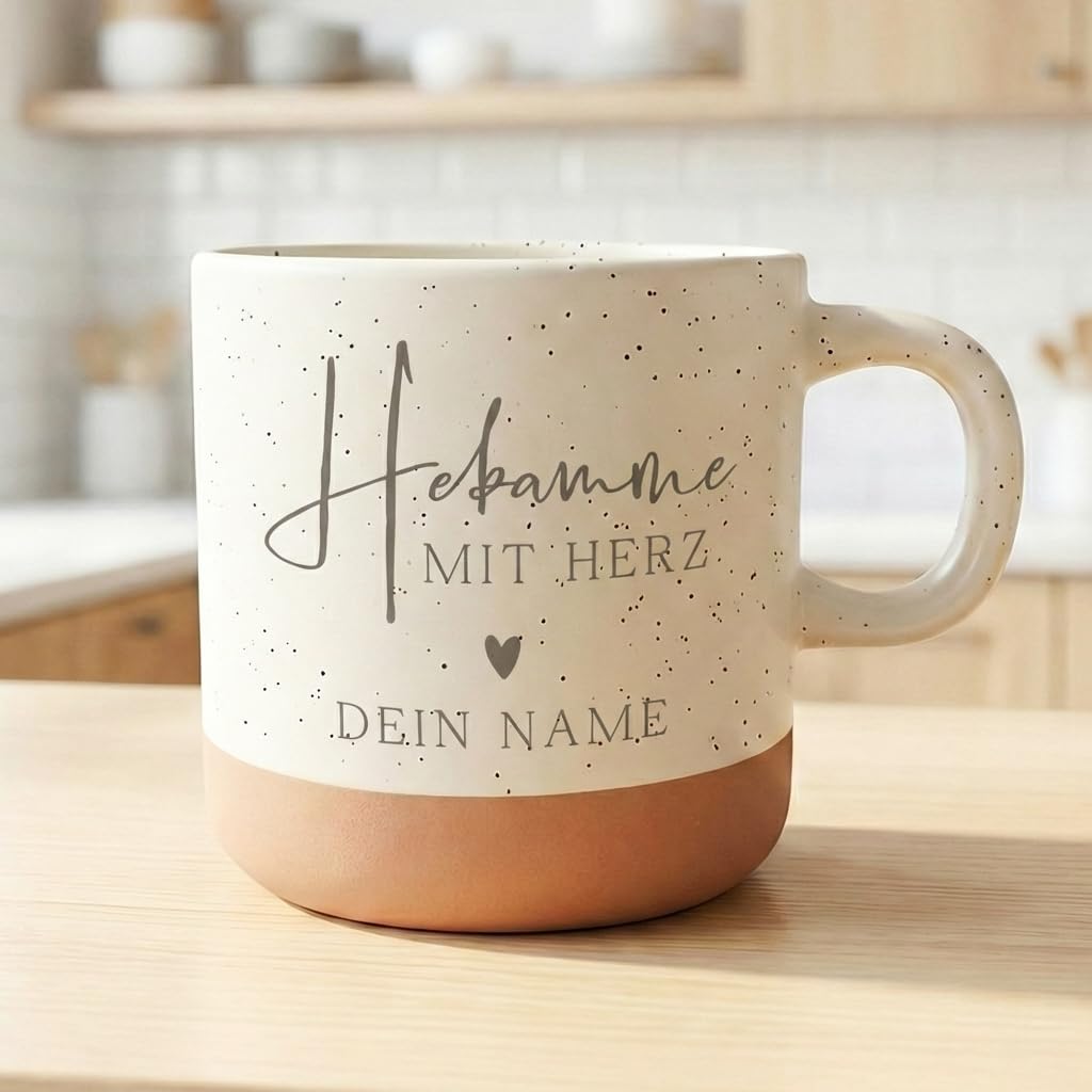 Geschenk Hebamme Steingut Tasse personalisiert mit Gravur Teetasse Kaffeebecher Kaffeetasse