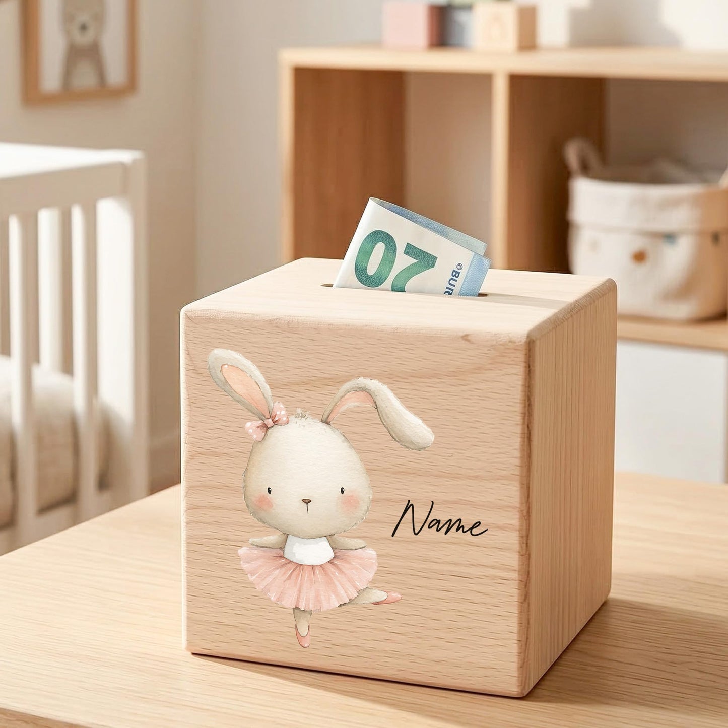 Spardose für Mädchen personalisierte Sparbox aus Holz mit Hase Geldgeschenk für Kinder