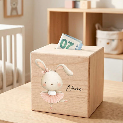 Spardose für Mädchen personalisierte Sparbox aus Holz mit Hase Geldgeschenk für Kinder