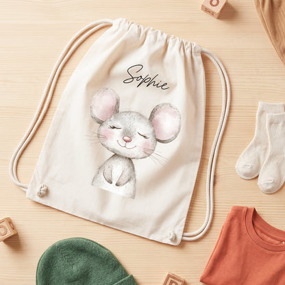 Maus Turnbeutel Kinder personalisierter Sportbeutel für Kindergarten & Kita Stoffbeutel mit Kordelzug