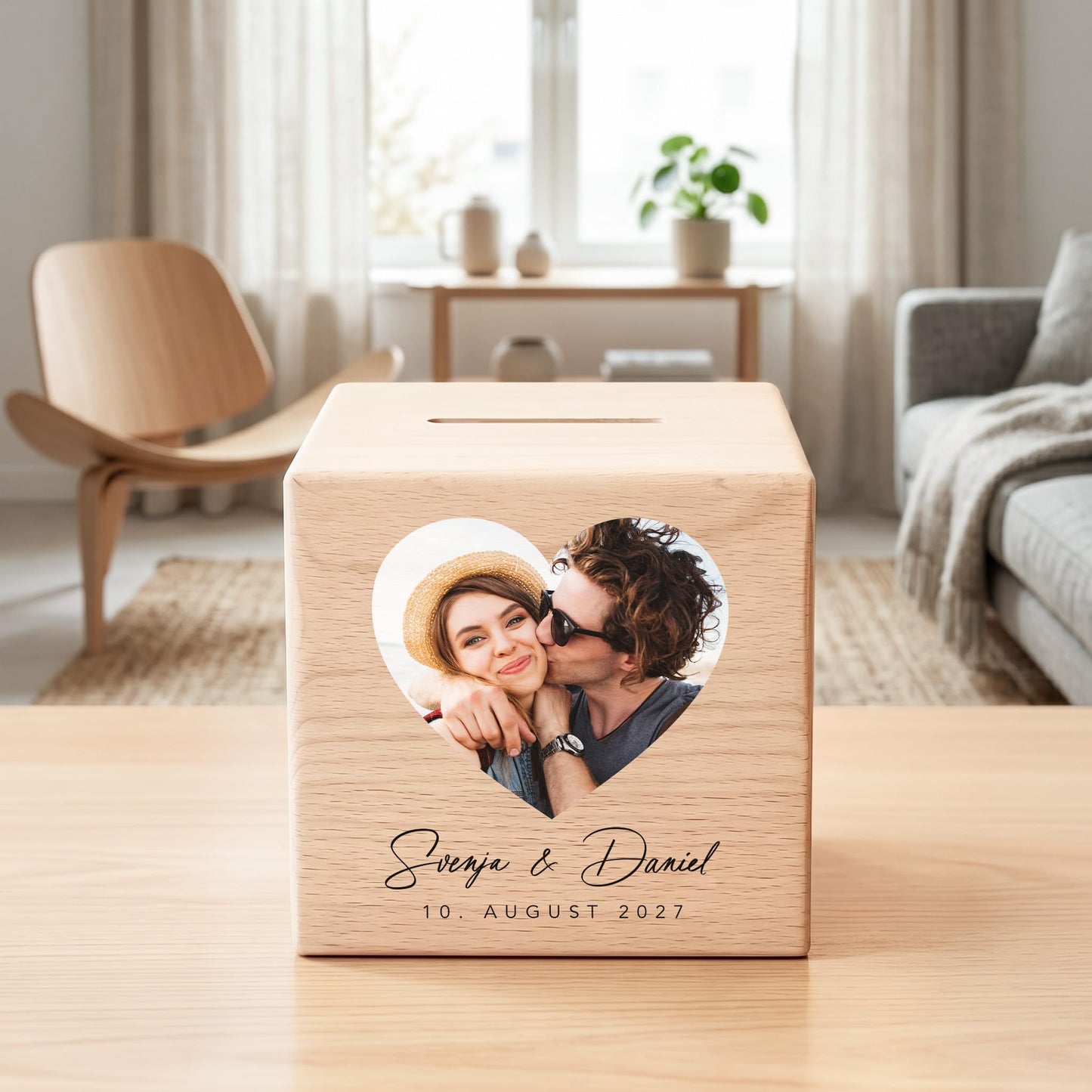 Hochzeitsgeschenk für Brautpaar Spardose aus Holz personalisierte als Geld Geschenk inkl. Schloss & Schlüssel