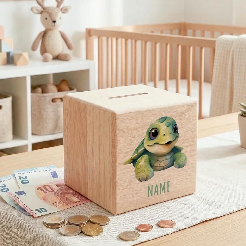 Schildkröte Spardose für Kinder personalisiert Sparbox aus Holz Sparschwein mit Schlüssel Taufgeschenk für Jungen und Mädchen