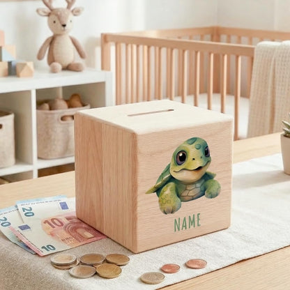 Schildkröte Spardose für Kinder personalisiert Sparbox aus Holz Sparschwein mit Schlüssel Taufgeschenk für Jungen und Mädchen