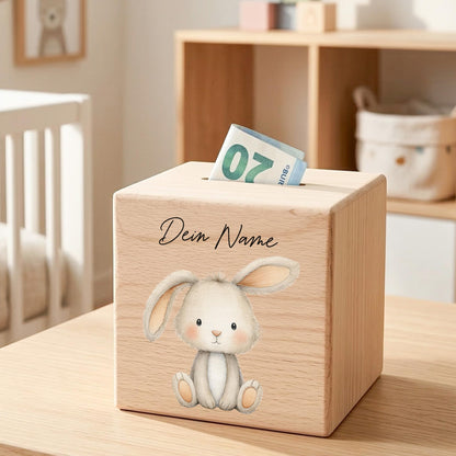 Hase Spardose für Kinder aus Holz personalisierte Sparbox Holzspardose mit Schlüssel als Geldgeschenk