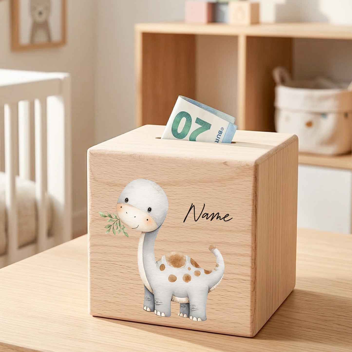 Spardose Dino für Jungen personalisierte Sparbox aus Holz Sparschwein für Kinder V3