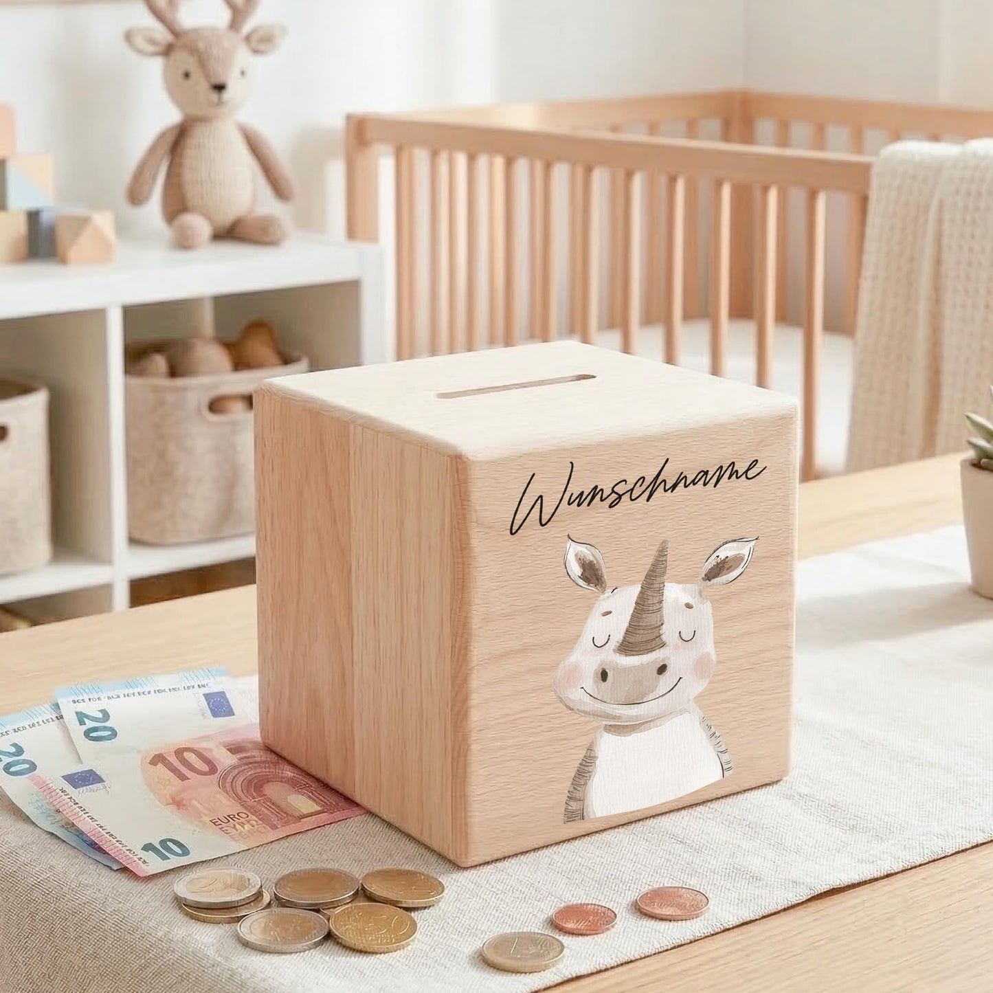 Spardose für Kinder Nashorn personalisiert Safari Tiere Sparbox aus Holz Sparschwein mit Schlüssel Taufgeschenk für Jungen & Mädchen