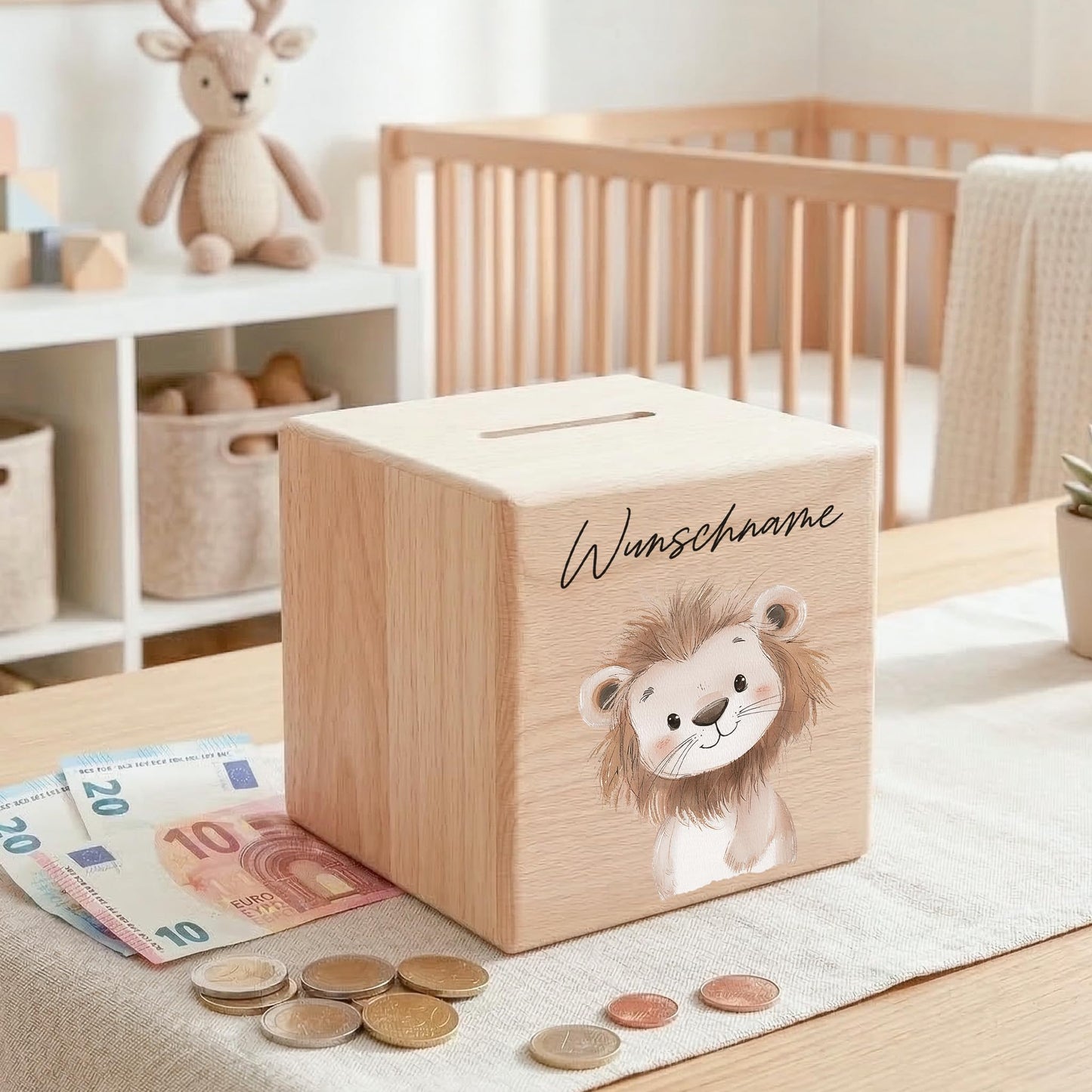 Spardose für Kinder Löwe personalisiert Safari Tiere Sparbox aus Holz Sparschwein mit Schlüssel Taufgeschenk für Jungen & Mädchen
