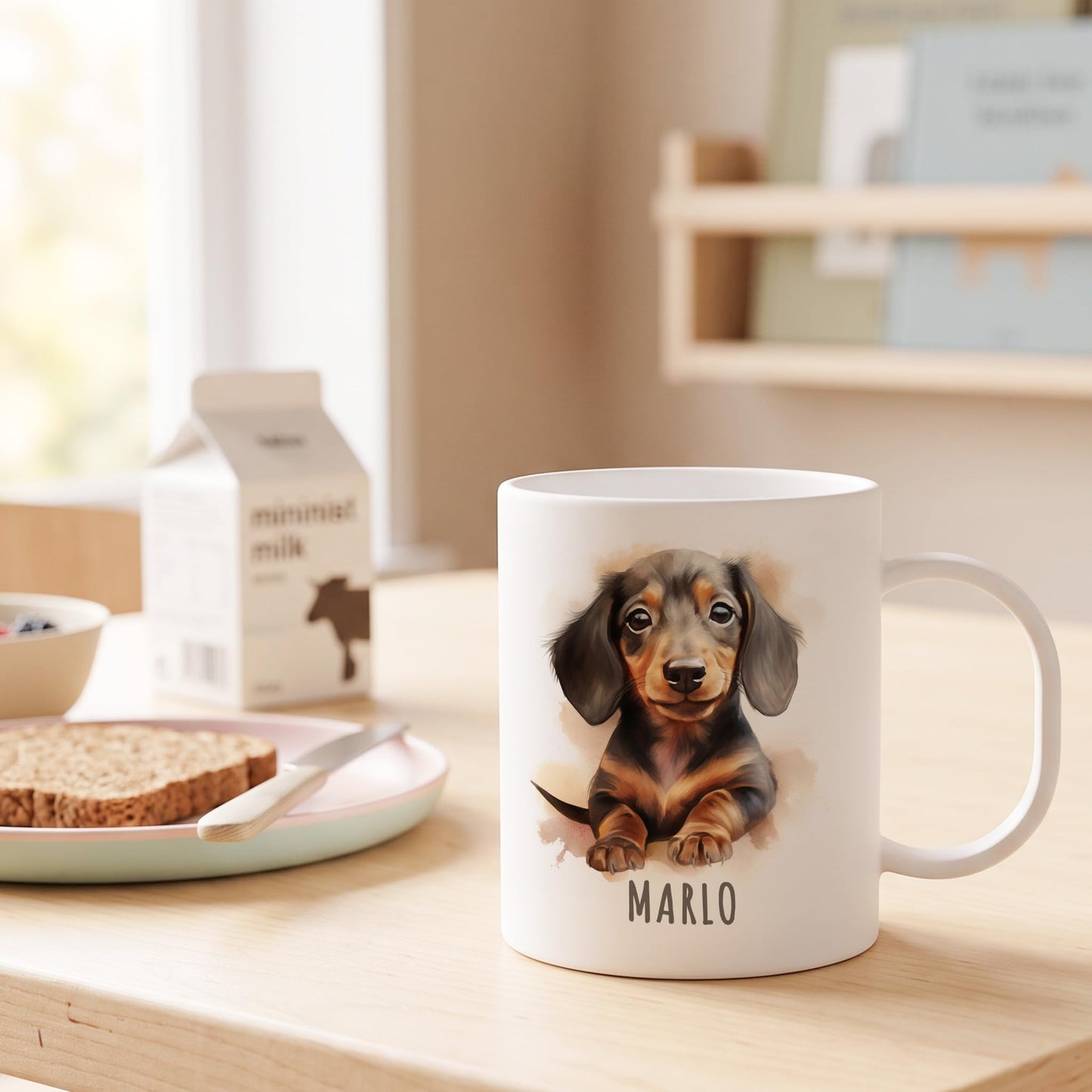 Bruchsichere Kindertasse leichte Kunststoff Tasse mit Henkel für Kindergarten, Dackel