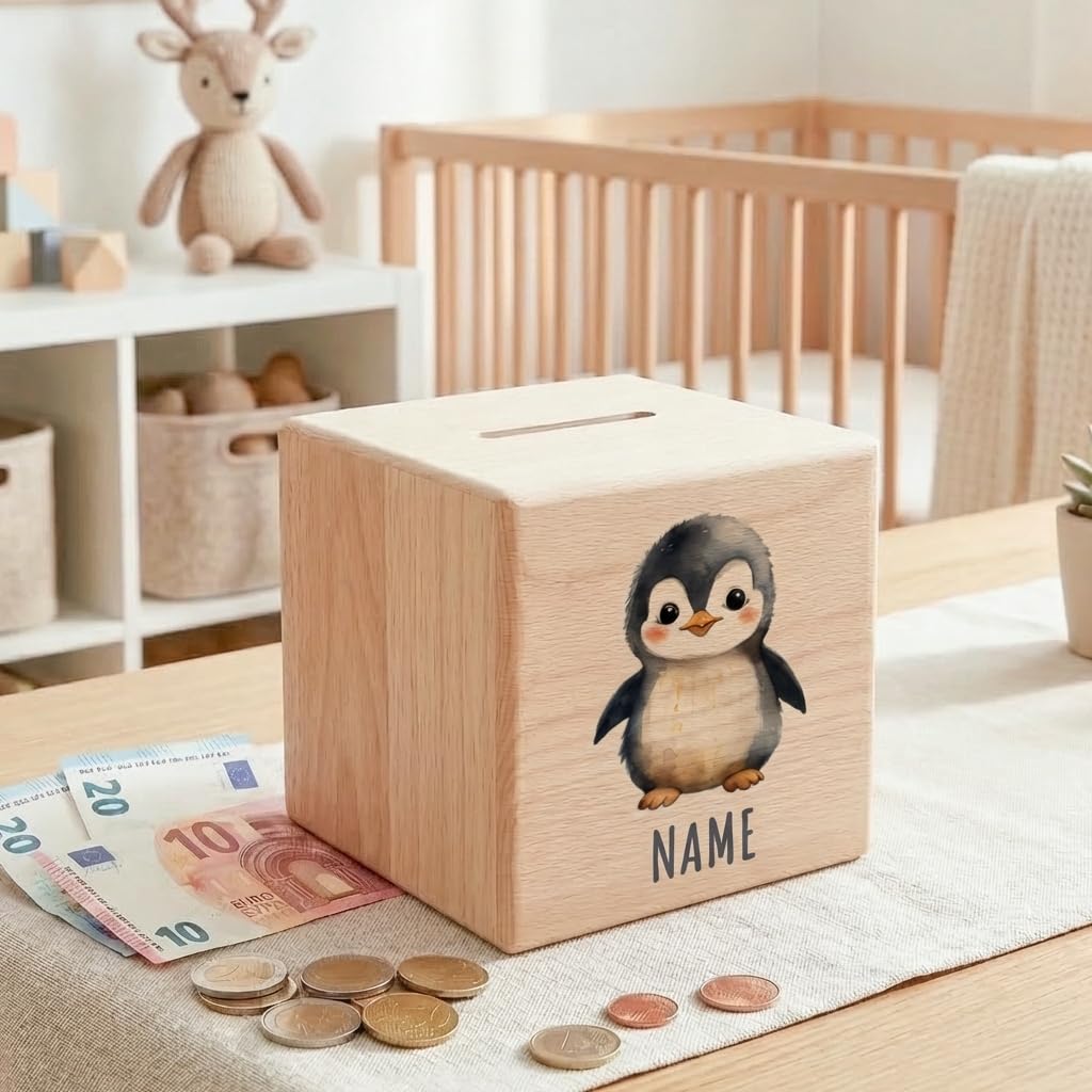 Pinguin Spardose für Kinder personalisiert Sparbox aus Holz Sparschwein mit Schlüssel Taufgeschenk für Jungen und Mädchen