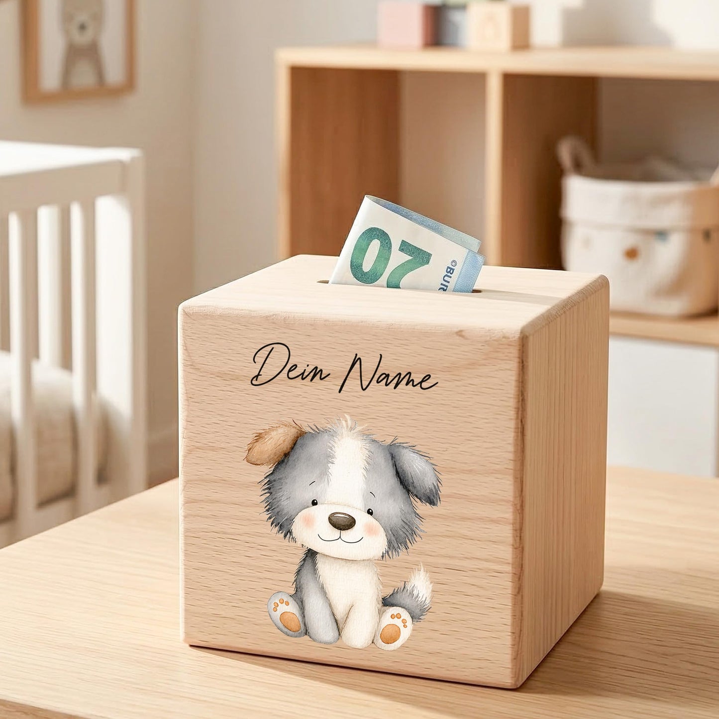 Hund Spardose für Kinder aus Holz personalisierte Sparbox Holzspardose mit Schlüssel als Geldgeschenk