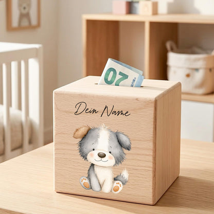 Hund Spardose für Kinder aus Holz personalisierte Sparbox Holzspardose mit Schlüssel als Geldgeschenk