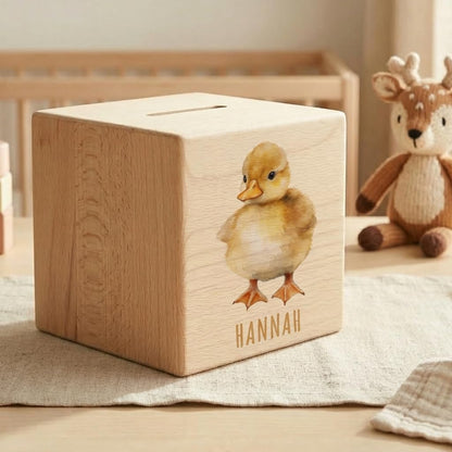 Ente Spardose für Kinder personalisiert Sparbox aus Holz Sparschwein mit Schlüssel Taufgeschenk für Jungen und Mädchen