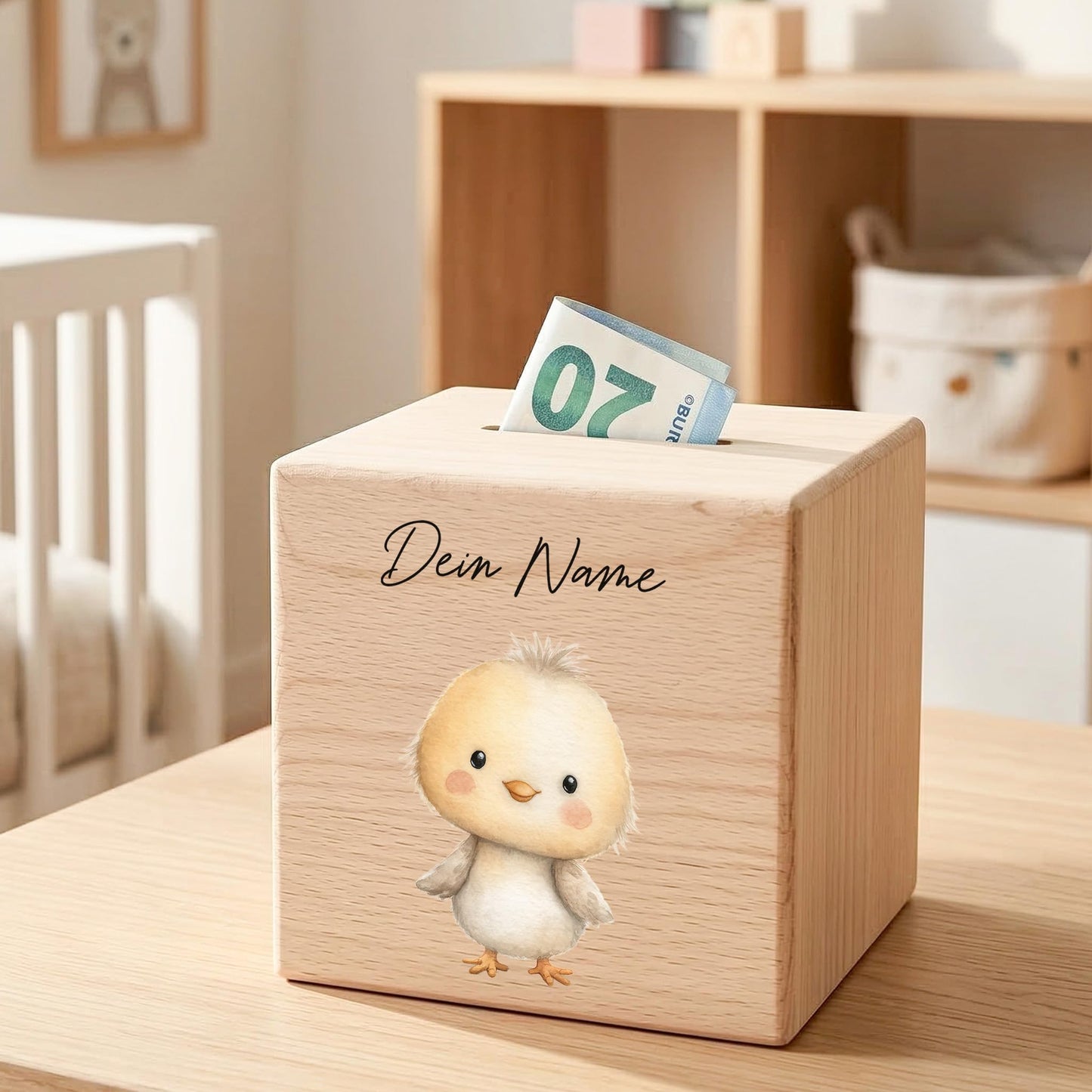 Küken Spardose für Kinder aus Holz personalisierte Sparbox Holzspardose mit Schlüssel als Geldgeschenk