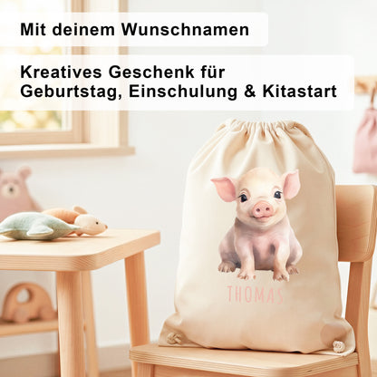 Schwein Turnbeutel Kinder personalisierter Sportbeutel für den Kindergarten Stoffbeutel mit Kordelzug