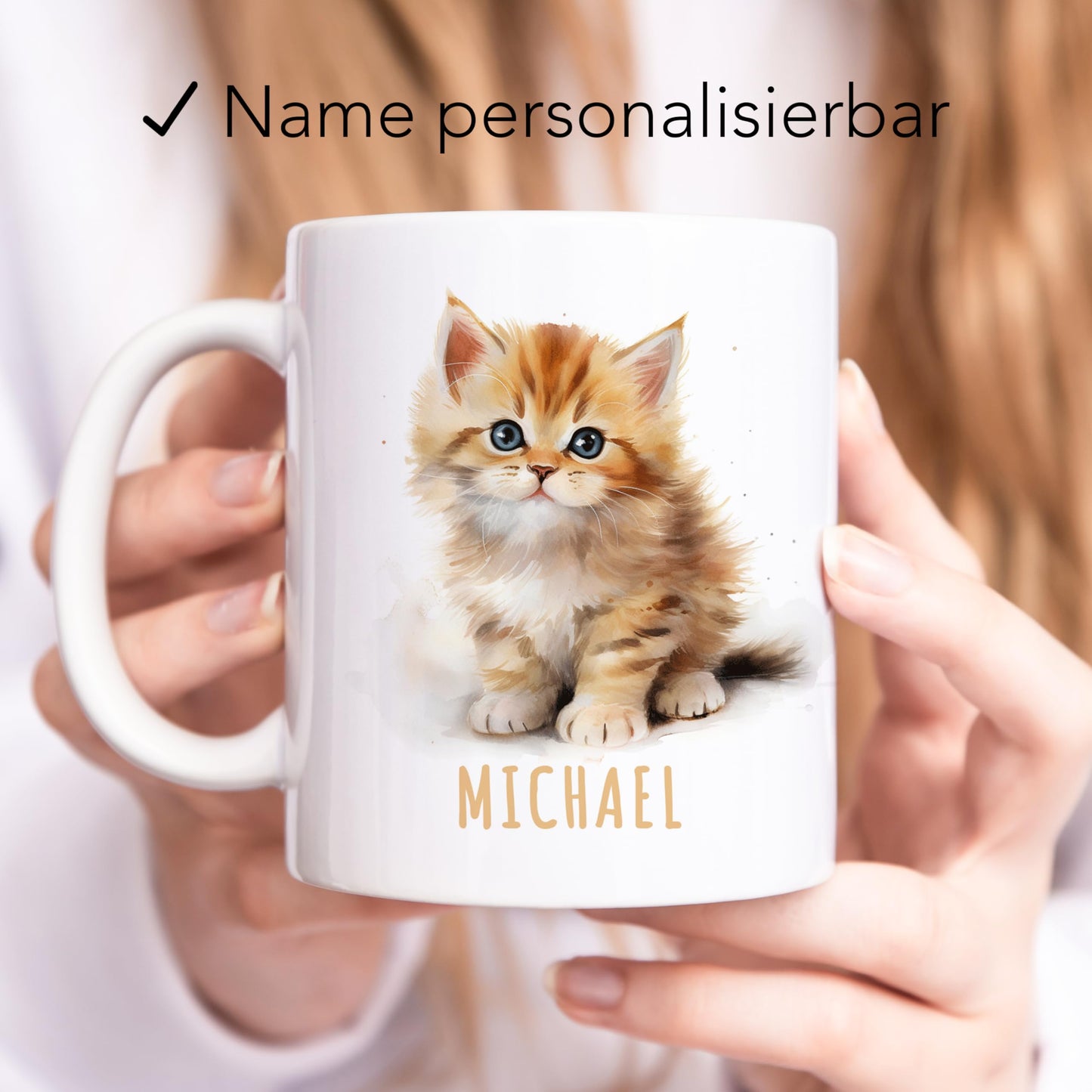 Katze Tasse personalisierte Kindertasse mit Namen Katzentasse Namenstasse süßes Kinder Geschenk für Jungen & Mädchen Kaffeetasse Teetasse aus Keramik 330 ml