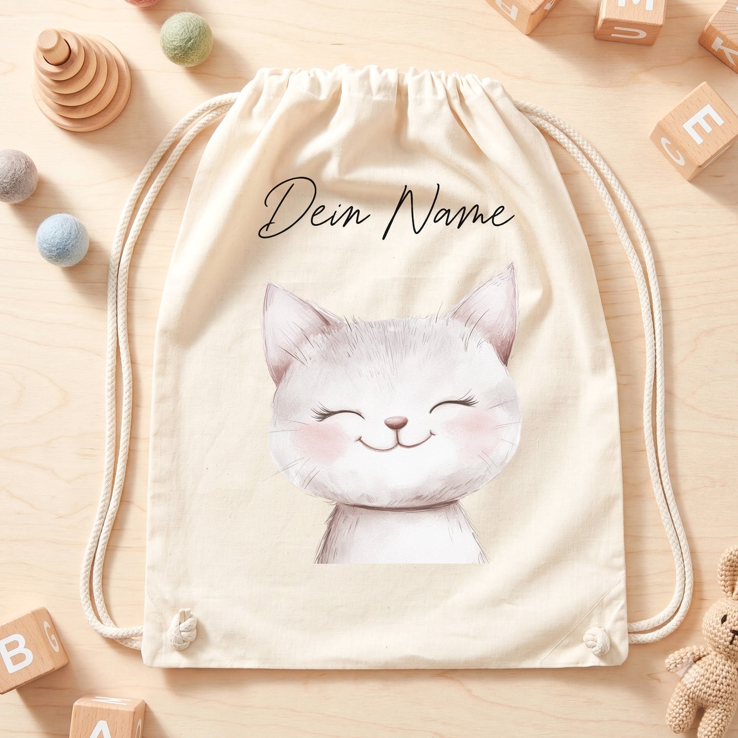 Katze Turnbeutel Kinder personalisierter Sportbeutel für Kindergarten & Kita Stoffbeutel mit Kordelzug