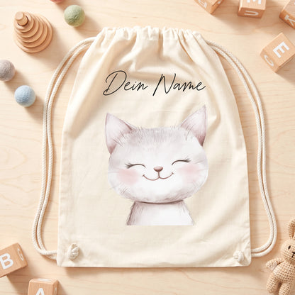 Katze Turnbeutel Kinder personalisierter Sportbeutel für Kindergarten & Kita Stoffbeutel mit Kordelzug