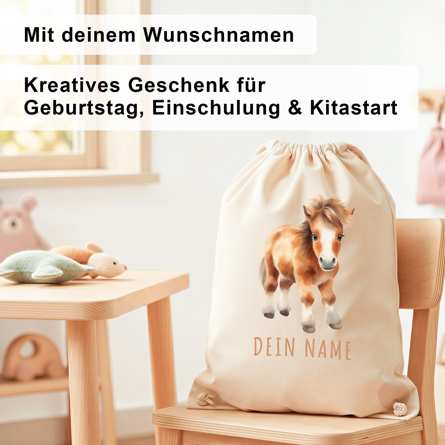 Pferd Turnbeutel Kinder personalisierter Sportbeutel für den Kindergarten Stoffbeutel mit Kordelzug