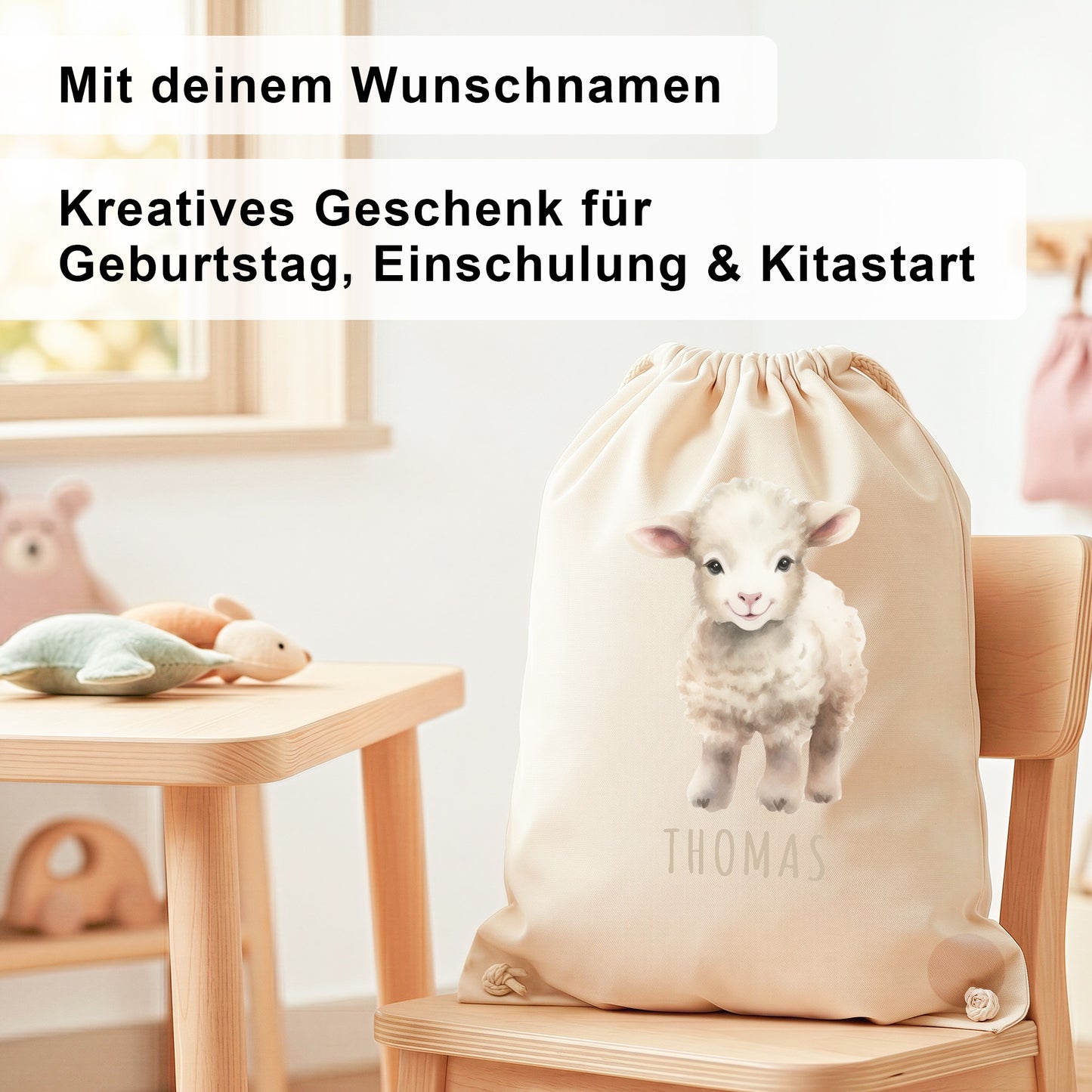 Schaf Turnbeutel Kinder personalisierter Sportbeutel für den Kindergarten Stoffbeutel mit Kordelzug
