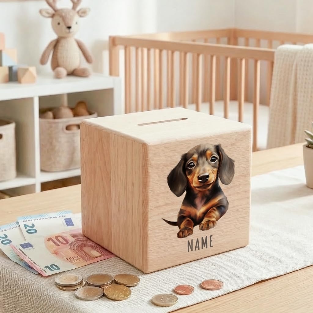 Tier Spardose für Kinder personalisiert Sparbox aus Holz Sparschwein mit Schlüssel Taufgeschenk für Jungen und Mädchen (Dackel)