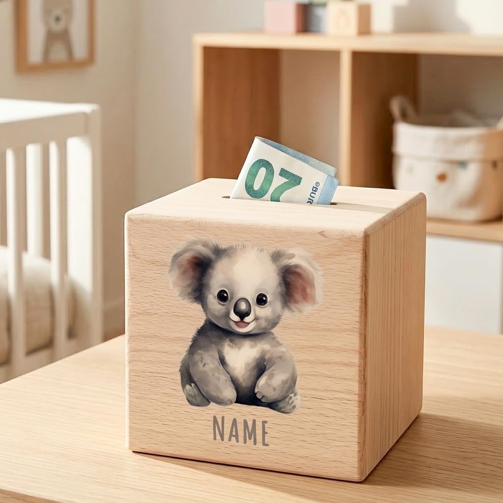 Koala Spardose für Kinder personalisiert Sparbox aus Holz Sparschwein mit Schlüssel Taufgeschenk für Jungen und Mädchen