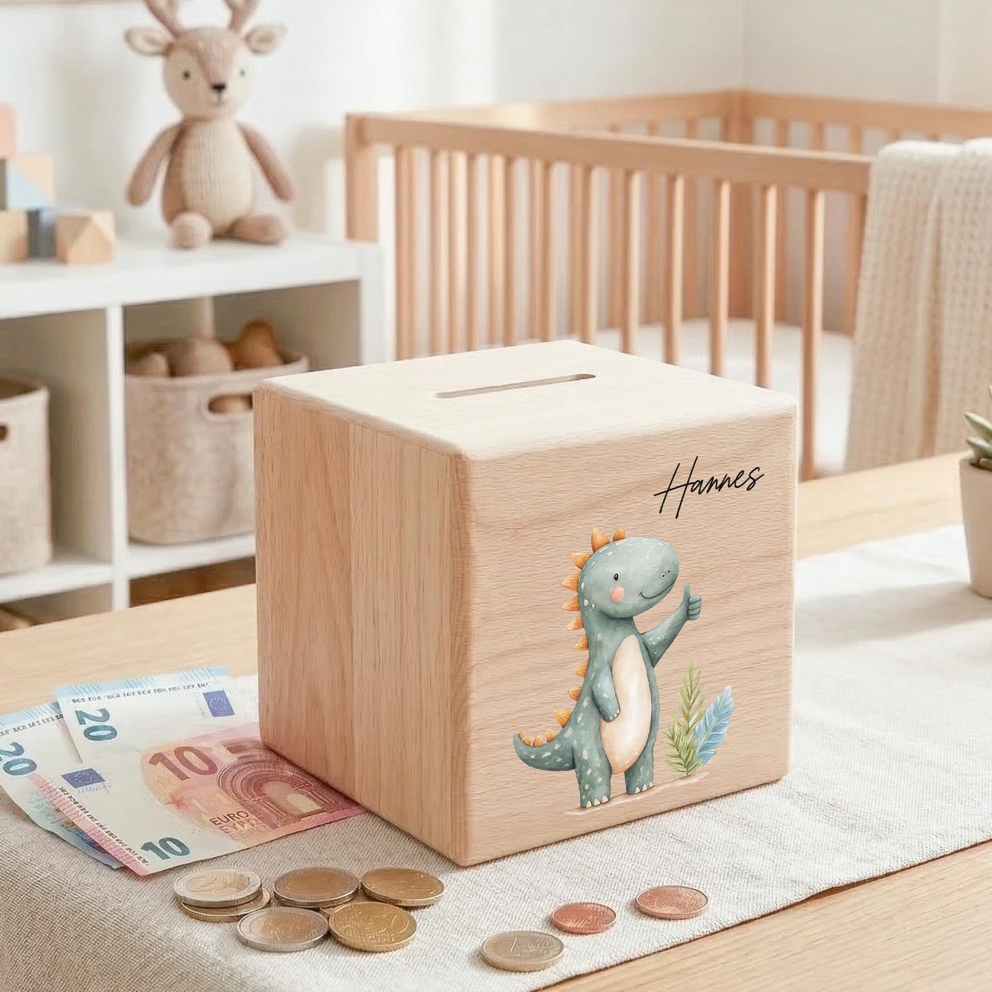 Spardose Dino für Jungen personalisierte Sparbox aus Holz Sparschwein für Kinder V2