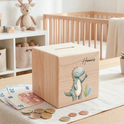 Spardose Dino für Jungen personalisierte Sparbox aus Holz Sparschwein für Kinder V2