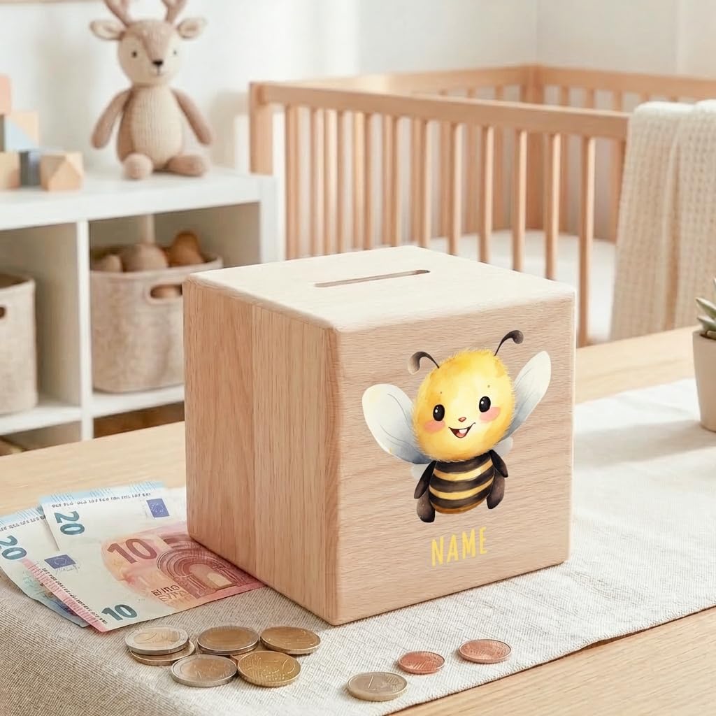 Biene Spardose für Kinder personalisiert Sparbox aus Holz Sparschwein mit Schlüssel Taufgeschenk für Jungen und Mädchen