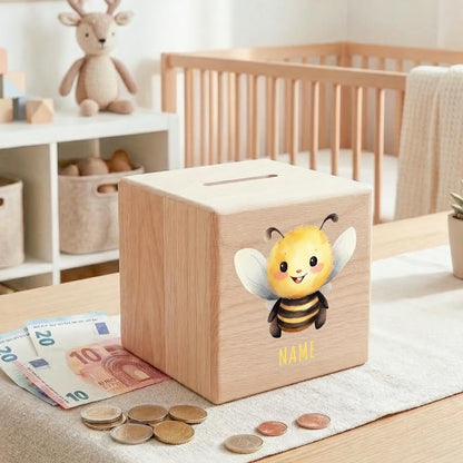 Biene Spardose für Kinder personalisiert Sparbox aus Holz Sparschwein mit Schlüssel Taufgeschenk für Jungen und Mädchen