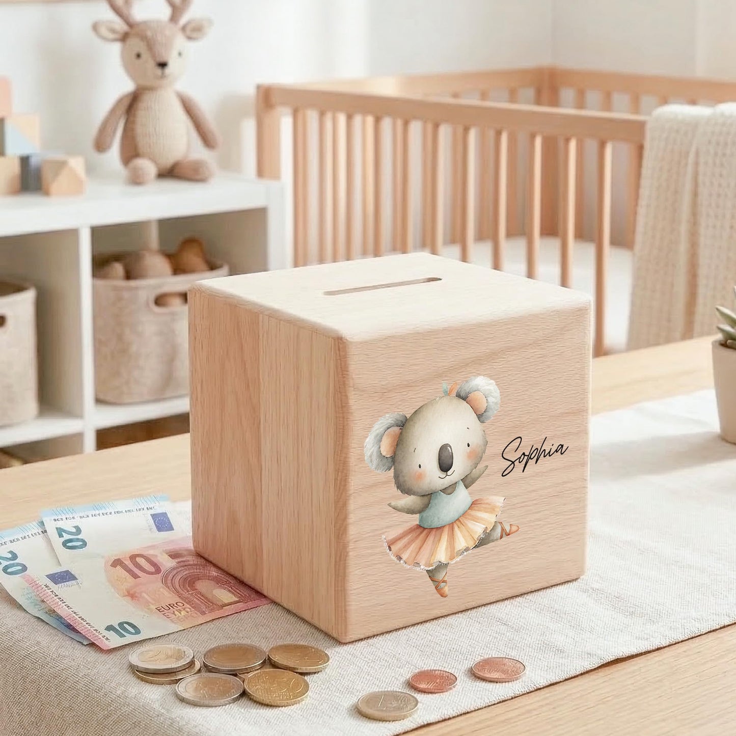 Spardose für Mädchen personalisierte Sparbox aus Holz mit Koala Geldgeschenk für Kinder