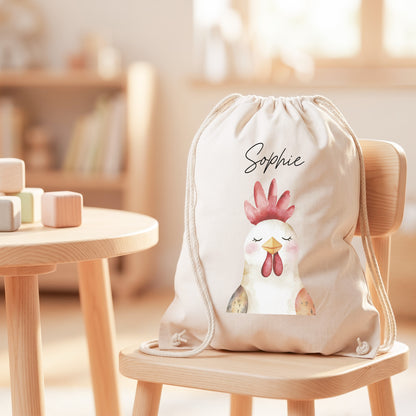 Hahn Turnbeutel Kinder personalisierter Sportbeutel für Kindergarten & Kita Stoffbeutel mit Kordelzug