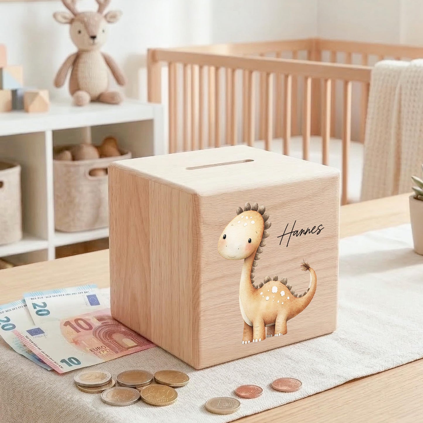 Spardose Dino für Jungen personalisierte Sparbox aus Holz Sparschwein für Kinder V1