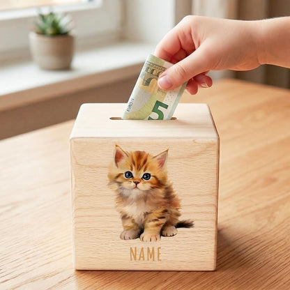 Katze Spardose für Kinder personalisiert Sparbox aus Holz Sparschwein mit Schlüssel Taufgeschenk für Jungen und Mädchen