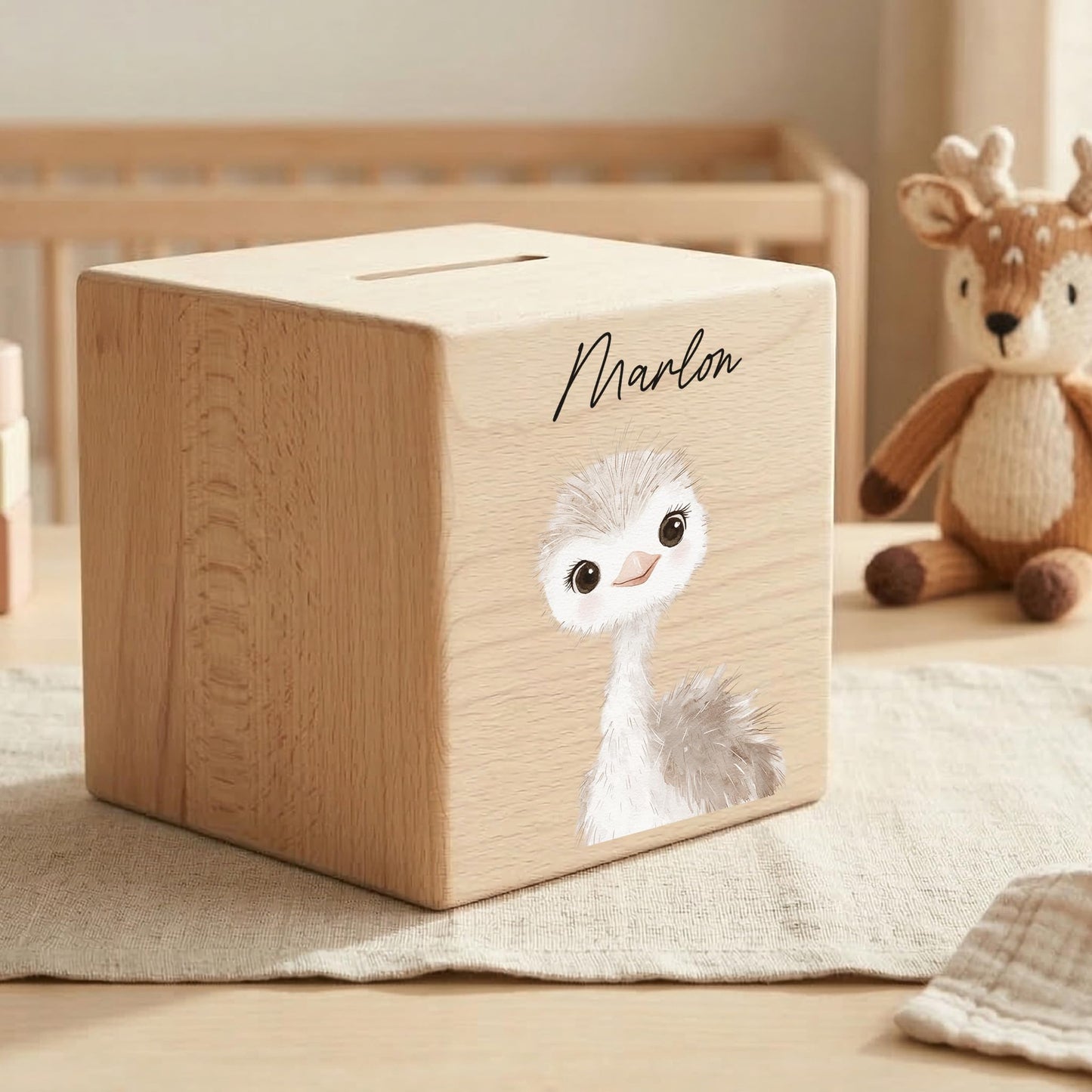 Spardose für Kinder Strauß personalisiert Safari Tiere Sparbox aus Holz Sparschwein mit Schlüssel Taufgeschenk für Jungen & Mädchen