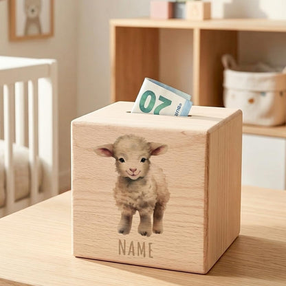 Schaf Spardose für Kinder personalisiert Sparbox aus Holz Sparschwein mit Schlüssel Taufgeschenk für Jungen und Mädchen