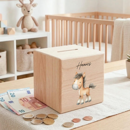 Pferd Spardose für Kinder aus Holz personalisierte Sparbox Holzspardose mit Schlüssel als Geldgeschenk