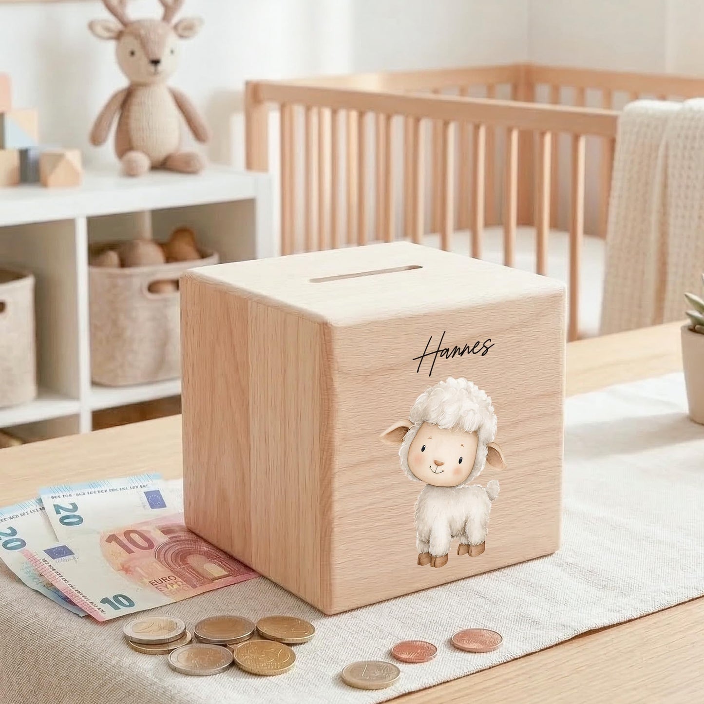 Schaf Spardose für Kinder aus Holz personalisierte Sparbox Holzspardose mit Schlüssel als Geldgeschenk