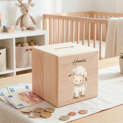 Schaf Spardose für Kinder aus Holz personalisierte Sparbox Holzspardose mit Schlüssel als Geldgeschenk