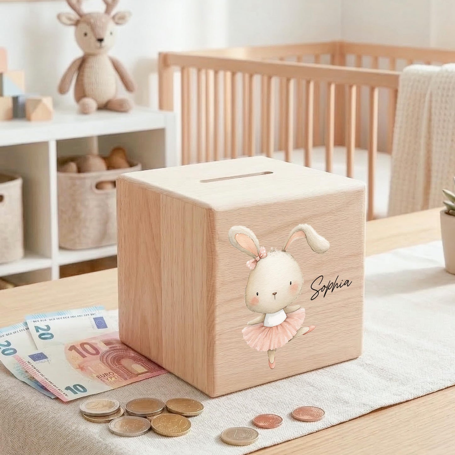 Spardose für Mädchen personalisierte Sparbox aus Holz mit Hase Geldgeschenk für Kinder