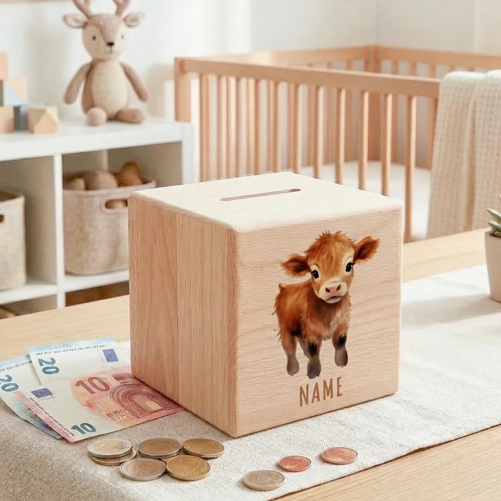 Kuh Spardose für Kinder personalisiert Sparbox aus Holz Sparschwein mit Schlüssel Taufgeschenk für Jungen und Mädchen