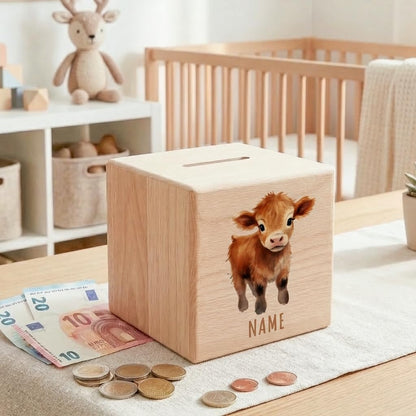 Kuh Spardose für Kinder personalisiert Sparbox aus Holz Sparschwein mit Schlüssel Taufgeschenk für Jungen und Mädchen