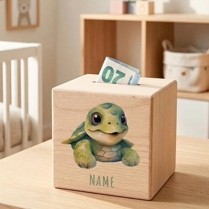 Schildkröte Spardose für Kinder personalisiert Sparbox aus Holz Sparschwein mit Schlüssel Taufgeschenk für Jungen und Mädchen