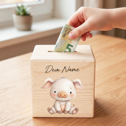 Schwein Spardose für Kinder aus Holz personalisierte Sparbox Holzspardose mit Schlüssel als Geldgeschenk