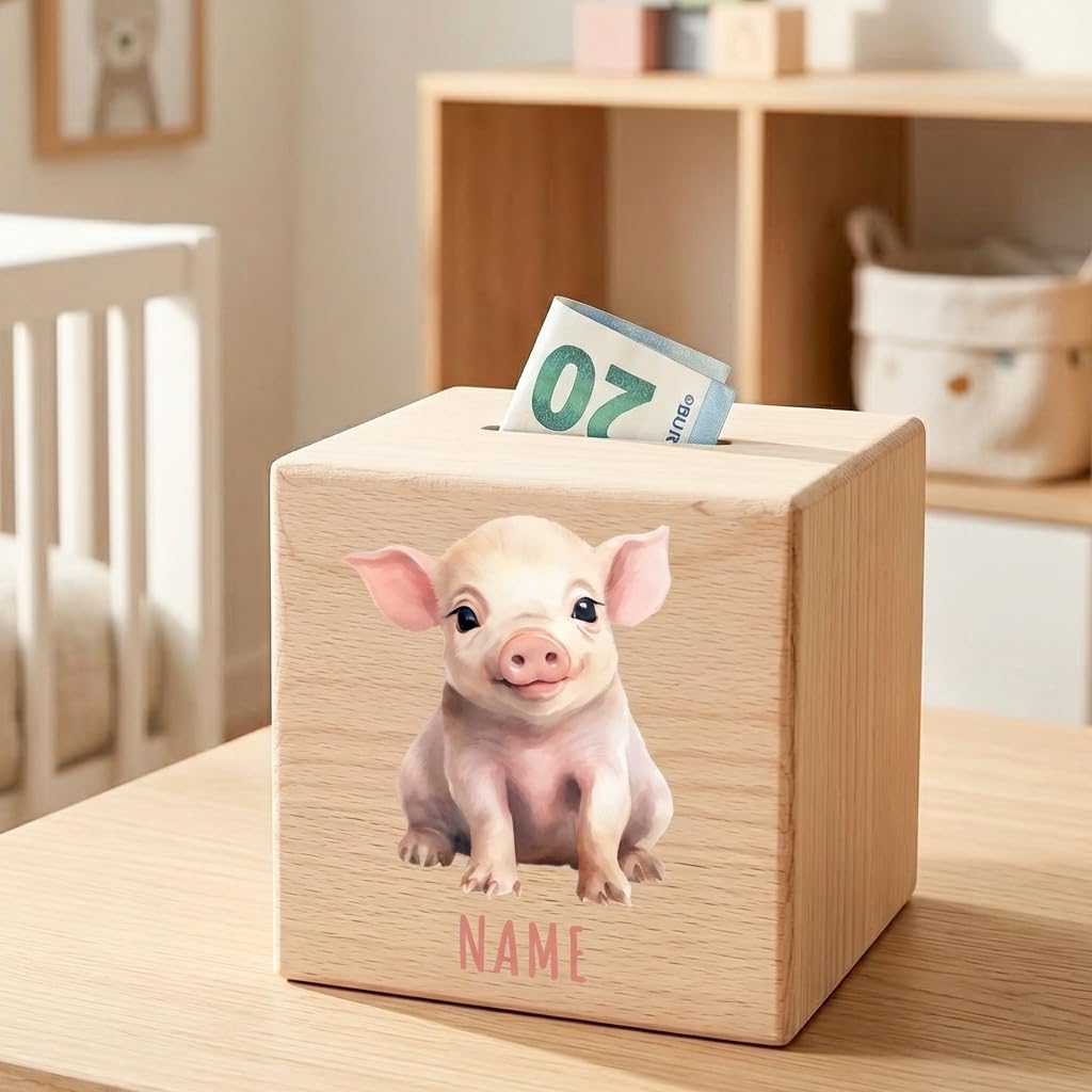 Schwein Spardose für Kinder personalisiert Sparbox aus Holz Sparschwein mit Schlüssel Taufgeschenk für Jungen und Mädchen